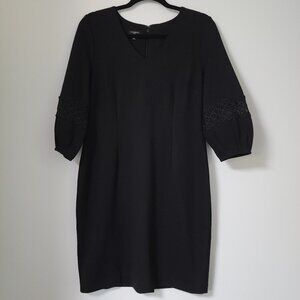 Talbots Petite Black Shift Dress V-Neck 3/4 Sleeve Lace Detail